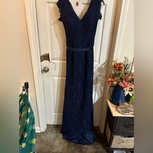 Navy blue lace long bridesmaid or party off the shoulder dress